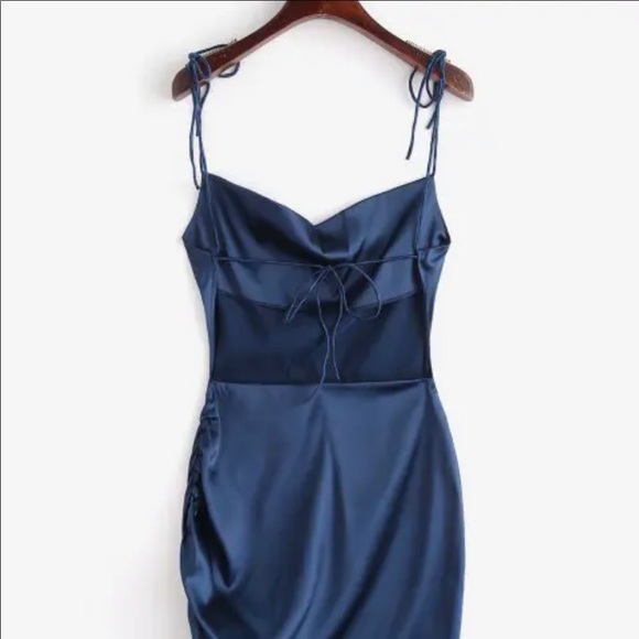 COPY - Zaful Backless Navy Blue Satin Dress - Picture 2 of 5